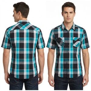 Airwalk Button Down Shirt Mens Large Teal Black Plaid Short Sleeve Epaulets